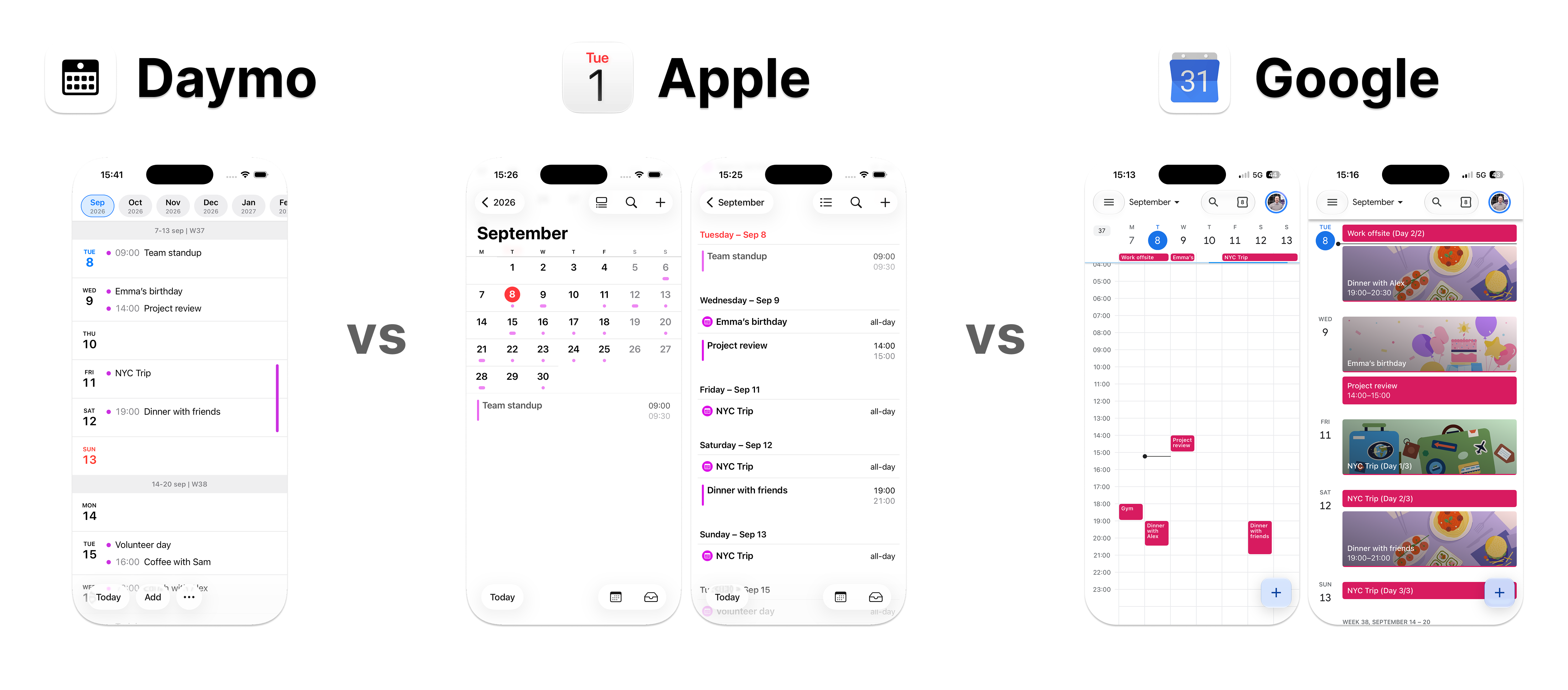 Calendar comparison showing Daymo’s overview of the upcoming week